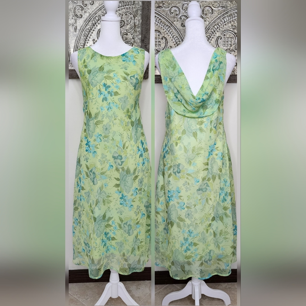 Vintage Connected Green Floral Sleeveless Drape Back Dress Large Easter Mature